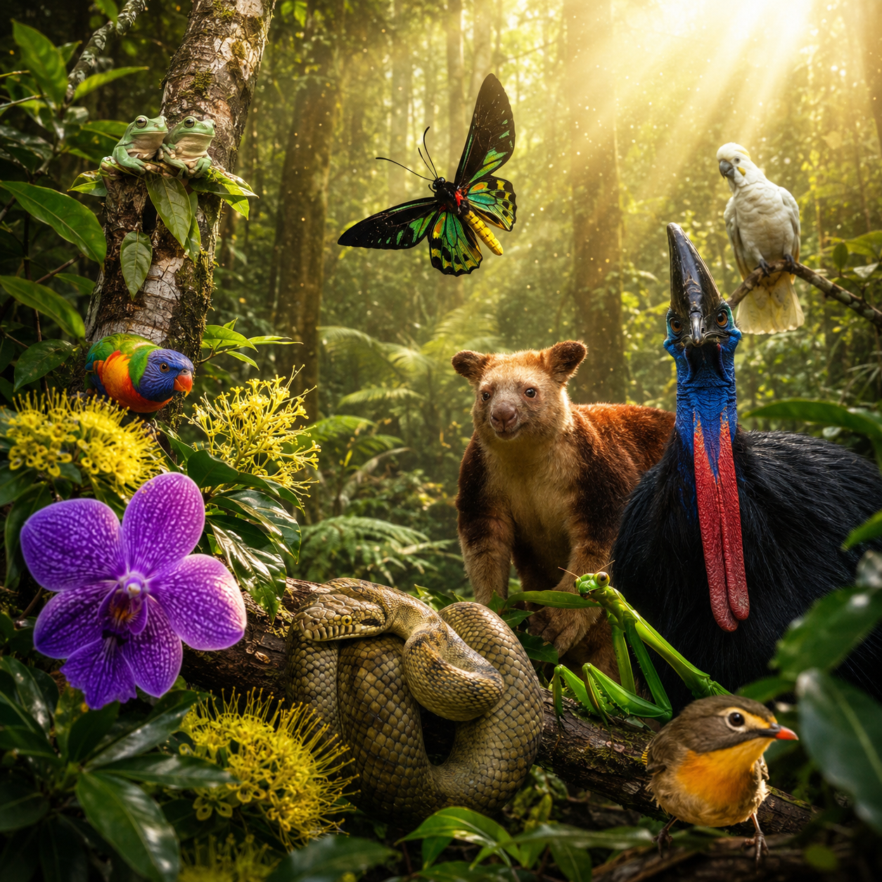 Lush green rainforest landscape showing a vibrant ecosystem of native Australian wildlife representing the protected Square plots by SquareBySquare and conservation partner.
