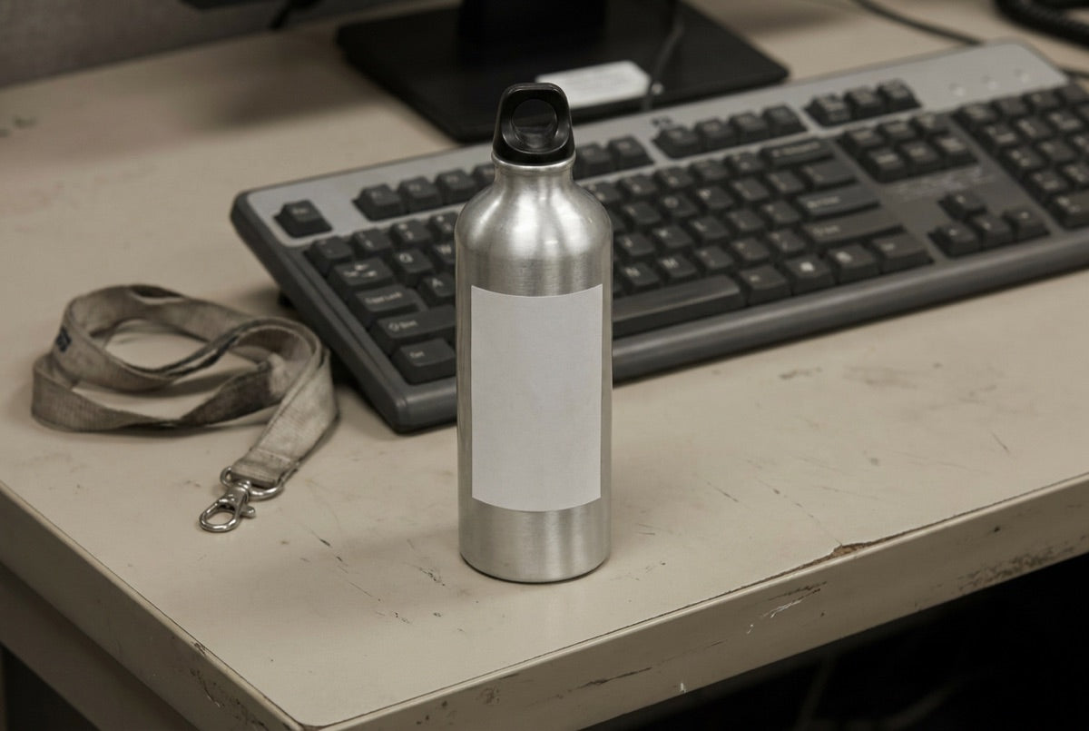 A generic branded water bottle on an office desk